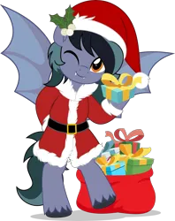 Size: 3959x5000 | Tagged: safe, artist:jhayarr23, derpibooru import, oc, oc:scrimmy, unofficial characters only, bat pony, pony, bag, bat pony oc, bat wings, christmas, clothes, commission, costume, cute, fangs, hat, heterochromia, holding a present, holiday, image, looking at you, male, mistletoe, ocbetes, one eye closed, png, present, santa costume, santa hat, simple background, smiling, solo, solo male, spread wings, transparent background, wings, wink, winking at you, ych result