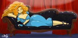 Size: 1600x792 | Tagged: suggestive, artist:shonuff44, derpibooru import, adagio dazzle, fanfic:her way with words, equestria girls, rainbow rocks, breasts, busty adagio dazzle, cleavage, clothes, couch, curtains, gloves, image, jpeg, latex, latex gloves, lying down, sultry pose