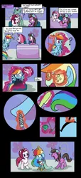 Size: 2000x4400 | Tagged: safe, artist:andromedasparkz, derpibooru import, cayenne, lily love, rainbow dash, pegasus, pony, unicorn, brush, clothes, comic, cucumber, dress, female, food, hairbrush, image, implied rarity, jpeg, mare, nail file, rainbow dash always dresses in style, tomboy taming