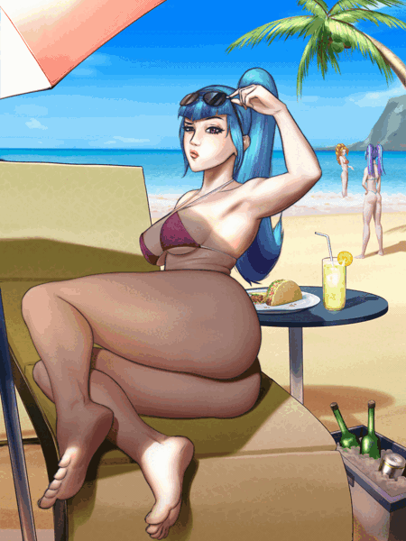 Size: 768x1024 | Tagged: questionable, alternate version, artist:guyser3, derpibooru import, adagio dazzle, aria blaze, sonata dusk, human, animated, areola, arse-ia blaze, ass, barefoot, beach, beach chair, bikini, breasts, butt, chair, clothes, drink, feet, female, female focus, food, gif, high res, humanized, image, juice, lemonade, nipples, nudity, palm tree, reasonably sized breasts, soles, solo focus, sonata donk, sunglasses, swimsuit, table, taco, the dazzlings, thong swimsuit, toes, tree, trio, trio female