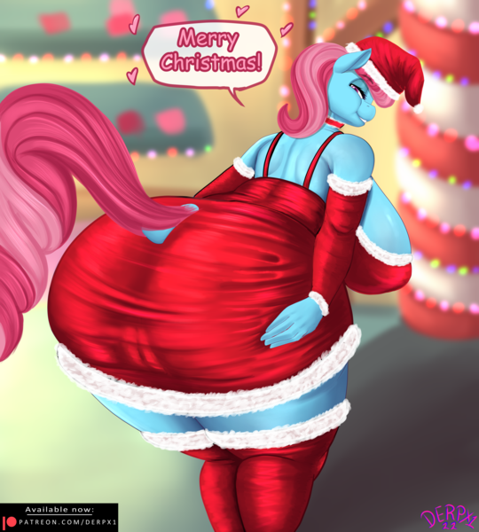 Size: 2330x2590 | Tagged: questionable, alternate version, artist:derpx1, derpibooru import, cup cake, anthro, ass, breasts, butt, cameltoe, christmas, christmas lights, christmas stocking, dialogue, female, food, hat, holiday, image, looking at you, looking back, looking back at you, milf, png, santa hat