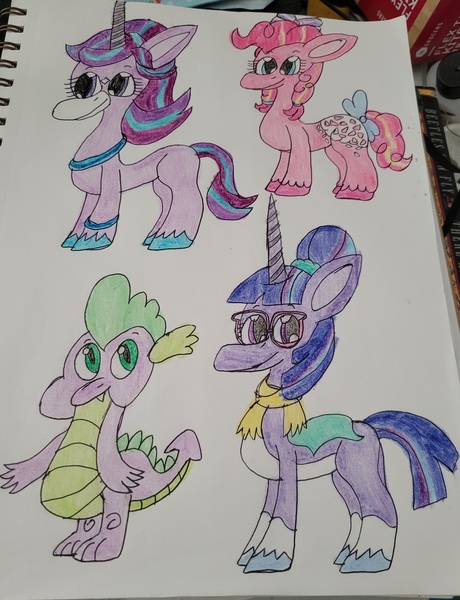 Size: 2856x3728 | Tagged: safe, artist:mintwhistle, derpibooru import, pinkie pie, spike, starlight glimmer, twilight sparkle, dragon, earth pony, pony, unicorn, alternate color palette, alternate hairstyle, appaloosa, bow, bracelet, clothes, coat markings, colored hooves, crayon drawing, facial markings, female, g4, g4 to g5, g5, generation leap, glasses, group, hair bow, hair bun, image, jewelry, jpeg, looking back, male, mare, missing cutie mark, pale belly, pen drawing, photo, pigtails, quartet, redesign, sash, scarf, scrunchie, sketchbook, smiling, socks (coat marking), star (coat marking), tail, tail bow, towel, traditional art, unicorn twilight, unshorn fetlocks