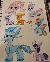 Size: 2741x3401 | Tagged: safe, artist:mintwhistle, derpibooru import, rainbow dash, twilight sparkle, twilight twinkle, oc, unnamed oc, crystal pony, dracony, dragon, earth pony, hybrid, pegasus, pony, unicorn, box, coat markings, colored hooves, colored wings, crayon drawing, crystal pony oc, disembodied head, earth pony oc, fangs, flying, g3, g3 to g5, g4, g4 to g5, g5, generation leap, hairband, image, jpeg, jumping, leaping, looking at you, looking back, multicolored hair, multicolored mane, not crystal hoof, open mouth, open smile, pen drawing, ponytail, sketchbook, smiling, socks (coat marking), spread wings, talking to viewer, traditional art, unicorn twilight, unshorn fetlocks, wings