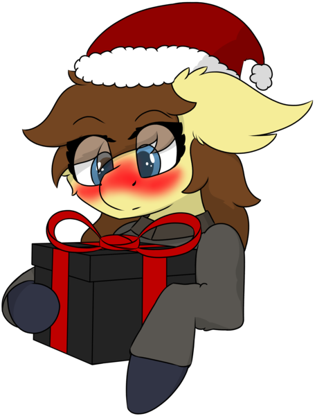 Size: 4471x5898 | Tagged: safe, artist:skylarpalette, derpibooru import, oc, oc:clover springs, unofficial characters only, earth pony, pony, blushing, christmas, clothes, cute, earth pony oc, female, fluffy, hat, holiday, image, looking down, mare, png, present, santa hat, simple background, simple shading, surprised, transparent background, uniform