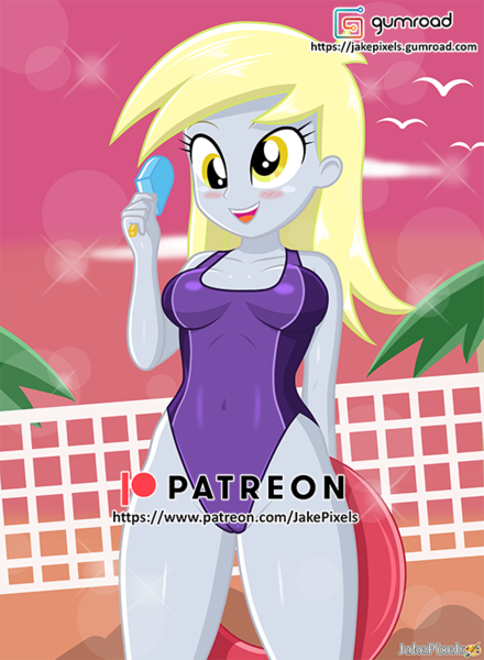 Size: 550x750 | Tagged: questionable, artist:jakepixels, derpibooru import, derpy hooves, human, equestria girls, adorasexy, beach, beautiful, breasts, busty derpy hooves, cameltoe, clothes, cute, female, food, gumroad, gumroad logo, image, patreon, patreon logo, png, popsicle, sexy, solo, solo female, stupid sexy derpy, swimsuit