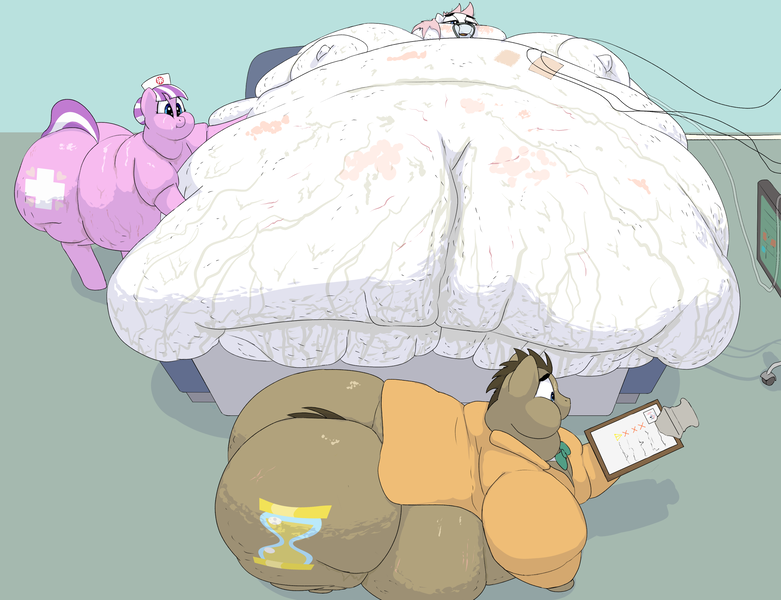 Size: 2933x2252 | Tagged: questionable, semi-grimdark, artist:lupin quill, derpibooru import, doctor whooves, nurse redheart, nurse sweetheart, time turner, earth pony, pegasus, pony, bed, bedbound, bedroom eyes, belly, belly button, belly grab, big belly, bingo wings, blob, blushing, butt, cellulite, chubby cheeks, clipboard, fat, fat fetish, fetish, flabby chest, hospital, hospital bed, huge belly, huge butt, image, immobile, impossibly large belly, impossibly large butt, impossibly obese, iv drip, large butt, life support, lying down, messy mane, morbidly obese, near immobile, nurse roundheart, obese, on back, open mouth, oxygen mask, png, rolls of fat, stretchmarks, sweat, sweatdrop, the ass was fat, thighs, thunder thighs