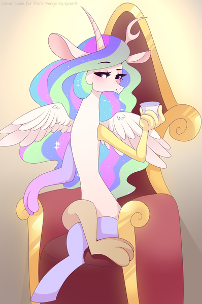 Size: 1992x3000 | Tagged: safe, artist:xjenn9, derpibooru import, princess celestia, draconequus, celestequus, crossed legs, cup, female, image, png, solo, species swap, throne