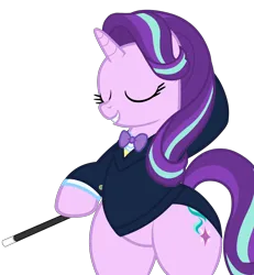 Size: 4600x4976 | Tagged: safe, artist:duskyzombie, derpibooru import, starlight glimmer, pony, unicorn, absurd resolution, bipedal, bowtie, clothes, collar, cute, eyes closed, female, glimmerbetes, hind legs, image, mare, png, simple background, smiling, solo, standing on two hooves, suit, transparent background, wand, wide hips
