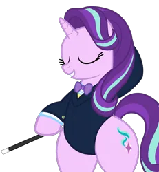 Size: 4600x4976 | Tagged: safe, alternate version, artist:duskyzombie, derpibooru import, starlight glimmer, pony, unicorn, absurd resolution, bipedal, bowtie, clothes, collar, cute, eyes closed, female, glimmerbetes, hind legs, image, mare, png, simple background, smiling, solo, standing on two hooves, suit, transparent background, wand, wide hips