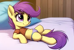 Size: 768x512 | Tagged: safe, derpibooru import, machine learning generated, novelai, stable diffusion, scootaloo, pegasus, pony, bed, clothes, female, filly, foal, image, lying down, on back, on bed, panties, png, purple underwear, shirt, solo, underwear