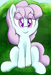 Size: 539x791 | Tagged: safe, artist:sileniris, oc, oc:royal creme, earth pony, pony, eye clipping through hair, female, filly, grass, image, looking at you, png, sitting, solo