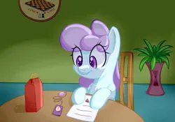Size: 1369x959 | Tagged: safe, artist:sileniris, oc, oc:royal creme, earth pony, pony, eye clipping through hair, female, filly, heart, image, note, paper, png, sex toy, sitting, table, vibrator