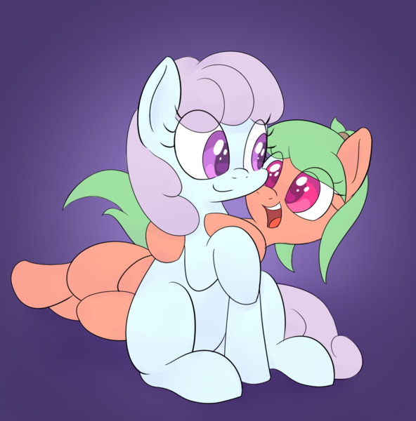 Size: 1073x1088 | Tagged: safe, artist:sileniris, oc, oc:cherry burst, oc:royal creme, earth pony, pony, female, filly, gradient background, hug, hug from behind, image, looking at each other, png