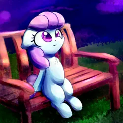 Size: 2000x2000 | Tagged: safe, artist:sileniris, oc, oc:royal creme, earth pony, pony, bench, female, filly, image, looking up, night, png, solo