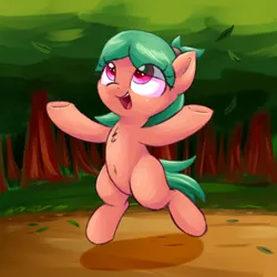 Size: 2000x2000 | Tagged: safe, artist:sileniris, oc:cherry burst, earth pony, pony, belly button, eye clipping through hair, female, filly, happy, image, jumping, leaves, path, png, solo, tree