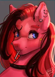 Size: 2894x4093 | Tagged: safe, artist:jaynsparkle, derpibooru import, pinkie pie, earth pony, pony, bust, choker, cigarette, ear piercing, earring, eyebrow piercing, female, goth, gray background, high res, image, jewelry, jpeg, mare, mouth hold, nose piercing, nose ring, piercing, pinkamena diane pie, signature, simple background, solo