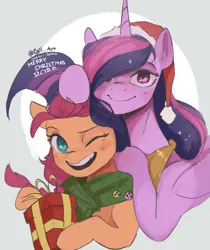Size: 1585x1886 | Tagged: safe, artist:cadillac-dynamite, derpibooru import, princess twilight 2.0, sunny starscout, twilight sparkle, twilight sparkle (alicorn), alicorn, earth pony, pony, g5, the last problem, blushing, christmas, clothes, hat, holiday, image, looking at you, older, older twilight, png, present, santa hat, scarf, smiling, smiling at you, sunny and her heroine