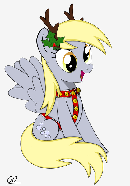 Size: 2476x3551 | Tagged: safe, artist:oleniandeer, derpibooru import, derpy hooves, pegasus, pony, animal costume, antlers, bells, clothes, costume, derp, female, harness, image, jpeg, mare, reindeer antlers, reindeer costume, signature, simple background, sitting, smiling, solo, tack, white background