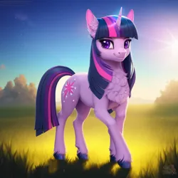 Size: 1024x1024 | Tagged: safe, derpibooru import, machine learning generated, purplesmart.ai, stable diffusion, twilight sparkle, pony, unicorn, chest fluff, cute, cutie mark, ear fluff, female, grass, grass field, image, looking at you, png, smiling, solo, standing