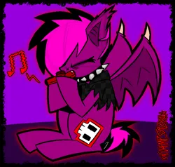 Size: 1604x1530 | Tagged: safe, artist:xxv4mp_g4z3rxx, derpibooru import, oc, oc:violet valium, bat pony, pony, bat pony oc, bat wings, collar, emo, fangs, image, kazoo, musical instrument, playing instrument, png, sitting, solo, spiked collar, wings