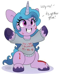 Size: 1973x2445 | Tagged: safe, artist:partylikeanartist, derpibooru import, izzy moonbow, pony, unicorn, christmas, christmas sweater, clothes, die hard, female, frog (hoof), g5, glitter, holiday, image, not blood, png, sitting, solo, speech bubble, sweater, text, underhoof, unshorn fetlocks