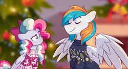 Size: 1950x1063 | Tagged: safe, artist:skysorbett, derpibooru import, oc, oc:sky sorbet, oc:twister joy, unofficial characters only, pegasus, pony, blurry background, christmas, christmas lights, clothes, couple, female, holiday, image, male, mare, pegasus oc, png, stallion, sweater, wings