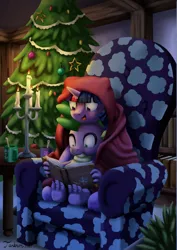 Size: 1202x1700 | Tagged: safe, artist:tarkron, derpibooru import, spike, twilight sparkle, dragon, pony, blanket, book, bookshelf, candle, christmas, christmas tree, couch, holiday, image, png, reading, tree