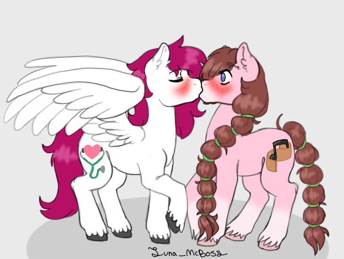 Size: 678x510 | Tagged: safe, artist:luna_mcboss, derpibooru import, oc, oc:dr.heart, oc:yamire, unofficial characters only, clydesdale, earth pony, pony, blaze (coat marking), blue eyes, blushing, blushing profusely, brown mane, coat markings, ear fluff, eyes closed, facial markings, feathered fetlocks, feathered wings, hair tie, image, kiss on the lips, kissing, long hair, long hair male, oc x oc, pink coat, pink mane, png, raised leg, shipping, shocked, shocked expression, shocked eyes, socks (coat marking), white coat, wholesome, wings