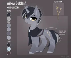 Size: 3850x3160 | Tagged: safe, artist:magnaluna, derpibooru import, oc, oc:willow goldleaf, unofficial characters only, pony, unicorn, cloak, clothes, horn, image, male, png, reference sheet, stallion, unicorn oc