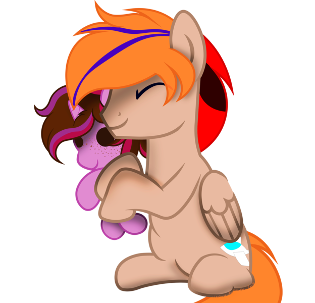 Size: 2120x2038 | Tagged: safe, artist:fededash, derpibooru import, oc, oc:fededash, oc:kathepaint, unofficial characters only, pegasus, eyes closed, freckles, hug, image, pegasus oc, plushie, png, simple background, sitting, smiling, transparent background, wings