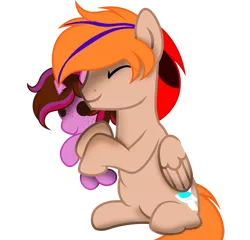 Size: 2120x2038 | Tagged: safe, artist:fededash, derpibooru import, oc, oc:fededash, oc:kathepaint, unofficial characters only, pegasus, eyes closed, freckles, hug, image, pegasus oc, plushie, png, simple background, sitting, smiling, transparent background, wings