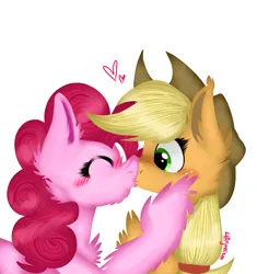 Size: 1633x1737 | Tagged: safe, artist:4agonism, derpibooru import, applejack, pinkie pie, earth pony, pony, applejack's hat, applepie, blushing, cheek fluff, chest fluff, chin fluff, cowboy hat, cute, duo, duo female, ear fluff, female, freckles, hat, heart, holding head, hoof on head, image, kiss on the lips, kissing, lesbian, png, ponytail, shipping, simple background, stetson, surprise kiss, unshorn fetlocks, white background