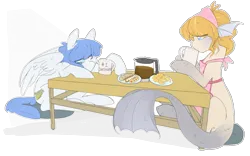 Size: 1463x911 | Tagged: source needed, safe, artist:noel, oc, oc:marina, unofficial characters only, merpony, pegasus, pony, coffee, cookie, croissaint, female, food, image, looking at each other, mare, mug, png, simple background, table, transparent background