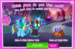 Size: 1958x1296 | Tagged: safe, derpibooru import, official, rainbow dash, kirin, nirik, winged kirin, advertisement, costs real money, duality, english, fangs, female, fire, gameloft, horn, image, jpeg, kirin rainbow dash, kirinified, magic coins, mane of fire, mobile game, my little pony: magic princess, numbers, sale, solo, solo focus, species swap, spread wings, text, wings