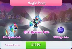 Size: 1268x857 | Tagged: safe, derpibooru import, official, rainbow dash, kirin, nirik, winged kirin, bundle, costs real money, duality, english, fangs, female, fire, gameloft, horn, image, jpeg, kirin rainbow dash, kirinified, magic coins, mane of fire, mobile game, my little pony: magic princess, numbers, sale, solo, solo focus, species swap, spread wings, text, wings