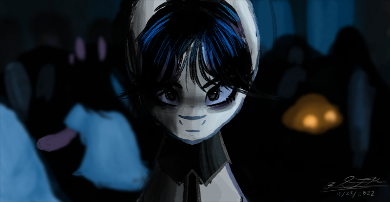 Size: 1247x649 | Tagged: safe, artist:janeblood969, artist:slightningdash, derpibooru import, ponified, pony, emotionless, fanart, female, goth, gothic, image, light, lightning, mare, png, shading, staring at you, wednesday, wednesday addams