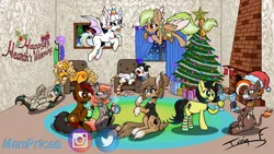 Size: 3840x2160 | Tagged: safe, artist:memprices, derpibooru import, coco pommel, rarity, oc, oc:balthy, oc:caramel frappe, oc:confetti cupcake, oc:ginger oreo, oc:orange delight, oc:pauly sentry, oc:seafare breeze, oc:sylvia evergreen, oc:twinny, oc:zhanna, unofficial characters only, bat pony, earth pony, pegasus, pony, unicorn, zebra, 4k, armchair, bat pony oc, bat wings, bowtie, braid, braided pigtails, chair, chest fluff, chocolate, christmas, christmas lights, christmas stocking, christmas tree, clothes, clothes hanger, colored, commission, confetti, cookie, curly hair, curly tail, curtains, ear fluff, ear piercing, earring, earth pony oc, eggnog, female, festive, fireplace, flying, food, freckles, gift wrapped, hat, having fun, hearth's warming, hearth's warming eve, high res, holiday, horn, hot chocolate, image, jewelry, lesbian, licking, licking lips, looking at each other, looking at someone, lying down, marshmallow, marshmallow coco, mlem, mug, nom, on back, party hat, pegasus oc, photo frame, piercing, pigtails, png, room, rug, santa hat, shipping, signature, silly, simple shading, sitting, sleeping, smiling, smiling at each other, snow, snowfall, social media, socks, standing, tail, talking, toasting, tongue out, toy, tree, unicorn oc, unshorn fetlocks, wallpaper, window, wings, zebra oc