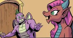 Size: 674x352 | Tagged: safe, artist:andypriceart, derpibooru import, idw, mina, spike, dragon, female, gigachad spike, image, male, older, older mina, older spike, png, shipping, spina, straight