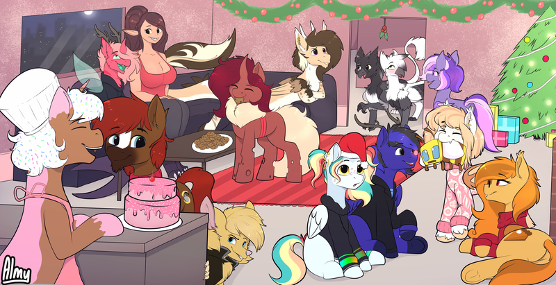 Size: 6889x3538 | Tagged: safe, artist:suchalmy, derpibooru import, oc, oc:anna, oc:buttercream scotch, oc:cinnamon music, oc:donut daydream, oc:flechette, oc:honey milk, oc:pumpkin spice, oc:red, oc:zephyrus (dr zephy), unofficial characters only, bat pony, bee, draconequus, earth pony, elf, gryphon, human, insect, pegasus, apron, cake, carpet, chef's hat, christmas, christmas tree, clothes, cookie, elf ears, food, furry, furry oc, hat, holiday, holly, holly mistaken for mistletoe, image, minecraft, plushie, png, present, tree