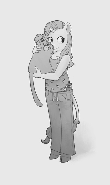 Size: 1146x1920 | Tagged: safe, artist:spectralunicorn, derpibooru import, opalescence, rarity, anthro, cat, classical unicorn, pony, unguligrade anthro, unicorn, cloven hooves, duo, female, gray background, grayscale, holding a cat, image, jpeg, leonine tail, mare, monochrome, simple background, tail, unshorn fetlocks