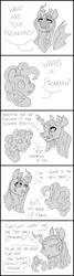 Size: 510x1905 | Tagged: safe, artist:lockandkeyhyena, derpibooru import, pinkie pie, queen chrysalis, changeling, changeling queen, earth pony, pony, annoyed, comic, confused, duo, female, grayscale, hoof hold, image, implied twilight sparkle, mare, mobile phone, monochrome, phone, png, simple background, speech bubble, white background