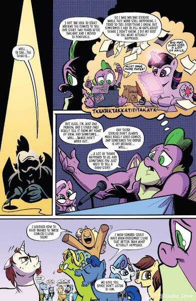 Size: 625x960 | Tagged: safe, artist:andypriceart, derpibooru import, idw, spike, twilight sparkle, dragon, earth pony, pony, unicorn, gigachad spike, glow, glowing horn, horn, image, jpeg, magic, microphone, older, older spike, telekinesis, typewriter, unicorn twilight