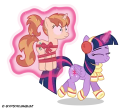 Size: 7407x6448 | Tagged: safe, artist:gypsykumquat, derpibooru import, edit, vector edit, twilight sparkle, oc, oc:clovette, abduction, bondage, canon x oc, christmas, christmas presents, clothes, hearth's warming eve, holiday, image, inkscape, kidnapped, magic, magic aura, png, present, simple background, smiling, transparent background, trotting, vector, winter, winter outfit