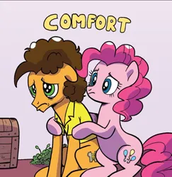 Size: 750x773 | Tagged: safe, artist:pencils, derpibooru import, idw, cheese sandwich, pinkie pie, earth pony, pony, spoiler:comic, spoiler:comic95, comforting, duo, female, g4, image, jpeg, male, mare, onomatopoeia, sad, season 10, stallion