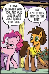 Size: 724x1085 | Tagged: safe, artist:pencils, derpibooru import, idw, cheese sandwich, pinkie pie, earth pony, pony, spoiler:comic, spoiler:comic95, blushing, dialogue, duo, female, g4, image, jpeg, male, mare, season 10, shipping fuel, speech bubble, stallion