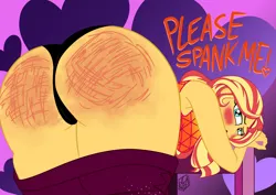 Size: 7016x4961 | Tagged: suggestive, artist:dncsamsonart, derpibooru import, sunset shimmer, human, equestria girls, equestria girls series, sunset's backstage pass!, spoiler:eqg series (season 2), ass, bent over, black panties, blushing, bunset shimmer, butt, clothes, female, image, panties, pants, pants down, png, reddened butt, solo, solo female, spank mark, spanked, spanking, underwear