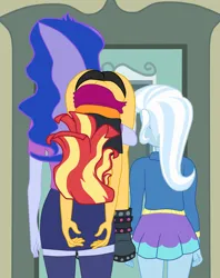 Size: 2570x3247 | Tagged: suggestive, artist:gmaplay, derpibooru import, princess luna, sunset shimmer, trixie, equestria girls, ass, ass up, bunset shimmer, butt, butt touch, carrying, clothes, face down ass up, image, over the shoulder, png, solo, unconscious, underwear, vice principal luna