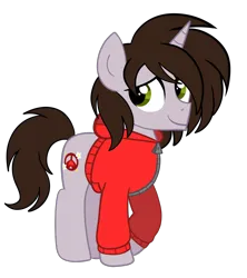 Size: 900x1013 | Tagged: safe, artist:saveraedae, derpibooru import, oc, ponified, unofficial characters only, pony, unicorn, brown mane, brown tail, clothes, colt, foal, full body, hooves, horn, image, jacket, looking offscreen, male, png, show accurate, simple background, smiling, solo, standing, tail, teenager, the mark side, transparent background, unicorn oc