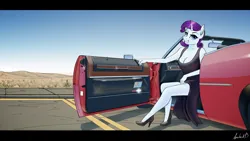 Size: 3840x2160 | Tagged: safe, artist:apocheck13, derpibooru import, rarity, anthro, plantigrade anthro, unicorn, breasts, car, cleavage, clothes, convertible, day, desert, dress, eyebrows, eyelashes, female, grass, grin, high heels, horn, image, looking at you, outdoors, png, reasonably sized breasts, shoes, signature, sky, smiling, smiling at you, solo