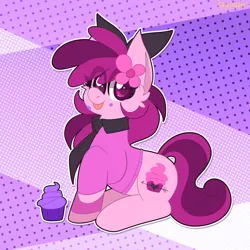 Size: 2000x2000 | Tagged: safe, artist:saveraedae, derpibooru import, oc, unofficial characters only, earth pony, pony, :p, bow, clothes, commission, cupcake, female, food, frosting, image, mare, necktie, png, solo, tongue out
